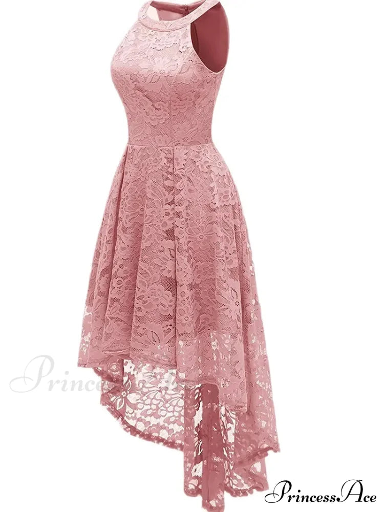 Pink Lace High Low Dipped Hem Party Dress With Halter Xs / Lace Pink High Low Dress