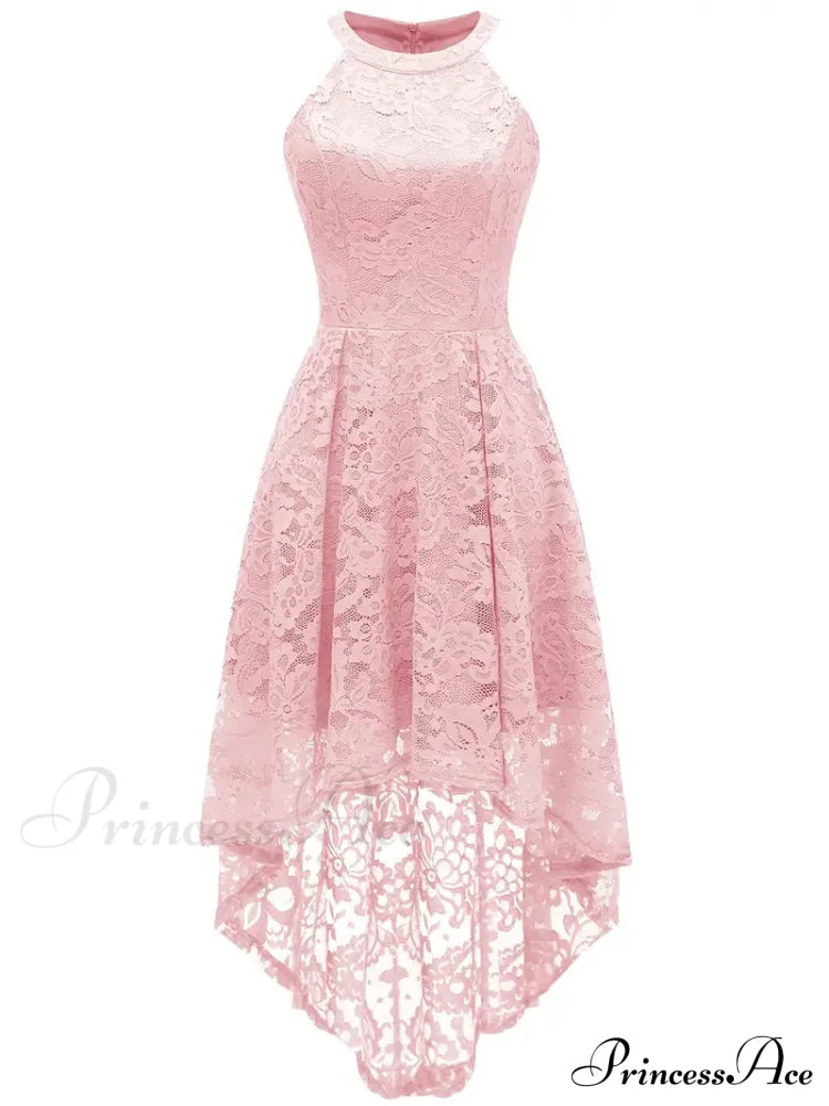 Pink Lace High Low Dipped Hem Party Dress With Halter Xs / Champagne Lace Pink High Low Dress
