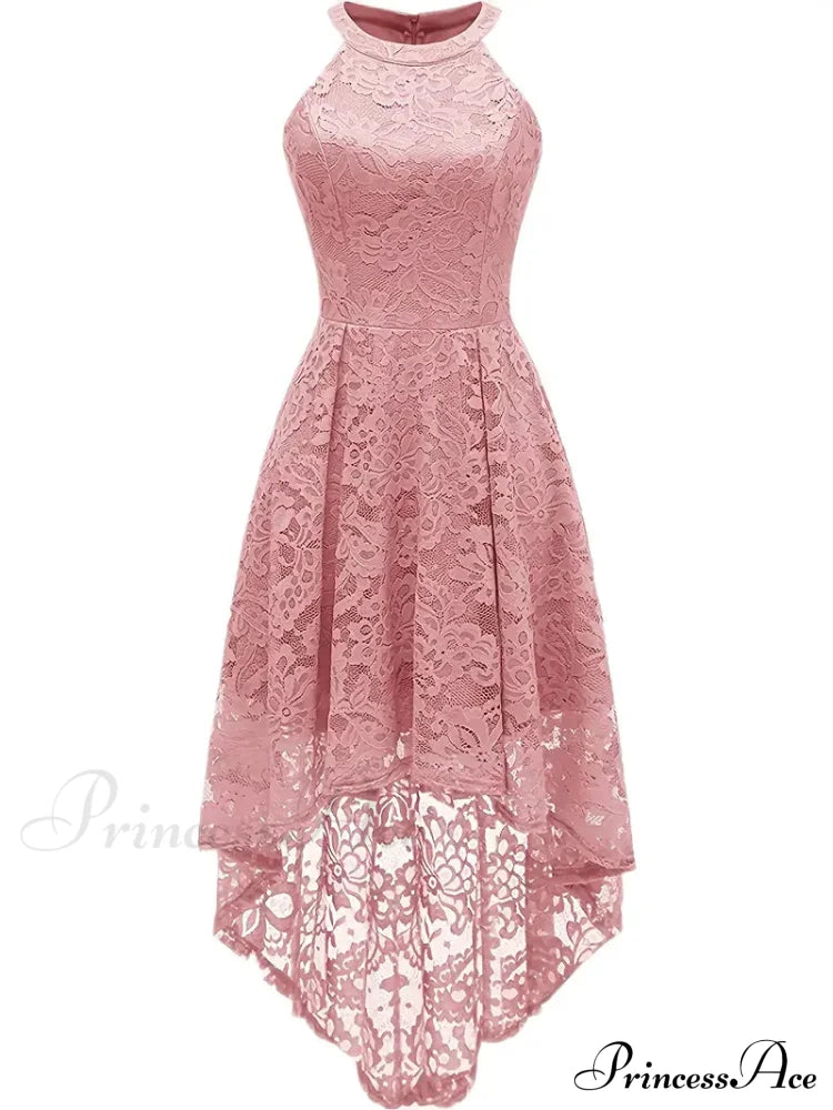 Pink Lace High Low Dipped Hem Party Dress With Halter Xs / Gray Lace Pink High Low Dress