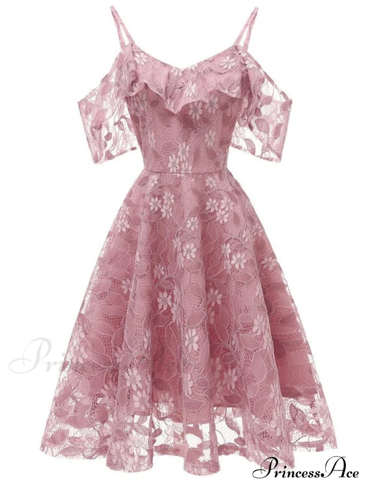 Pink Lace Overlay Cold Shoulder Dress S / Burgundy Short Mini Lace Dress