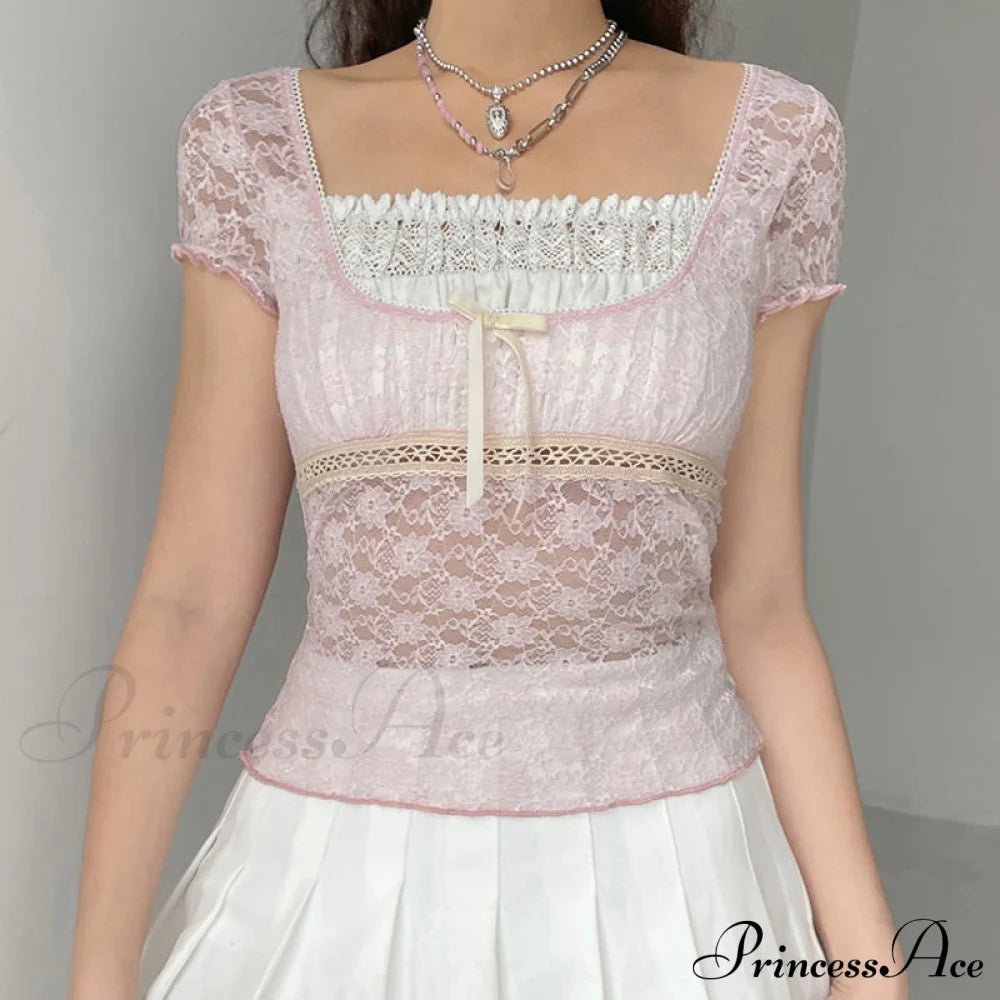 Pink Lace Stylish Short Sleeve Top Top