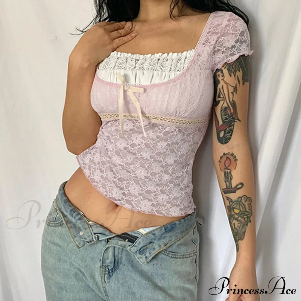 Pink Lace Stylish Short Sleeve Top Top