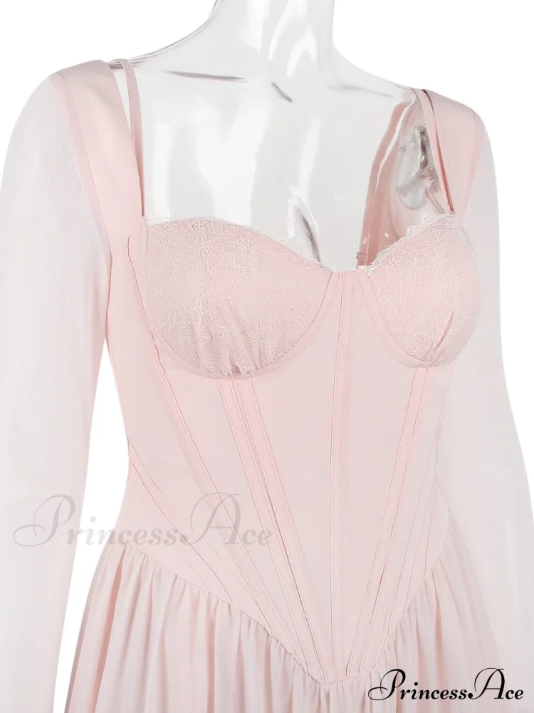 Pink Long Sleeve Charming Bustier Frill Mini Dress