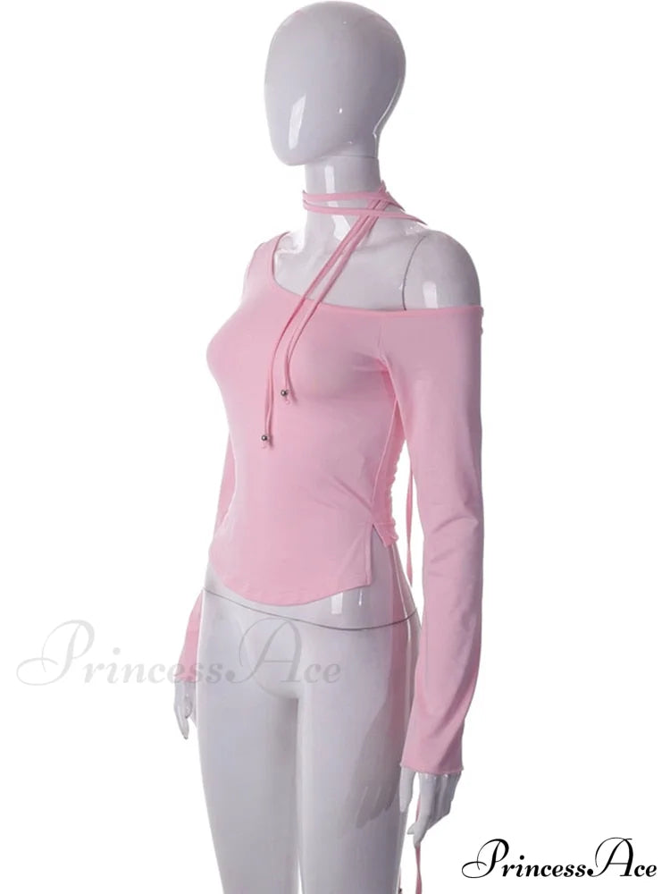 Pink Long Sleeve Charming Strap Tie Around Top