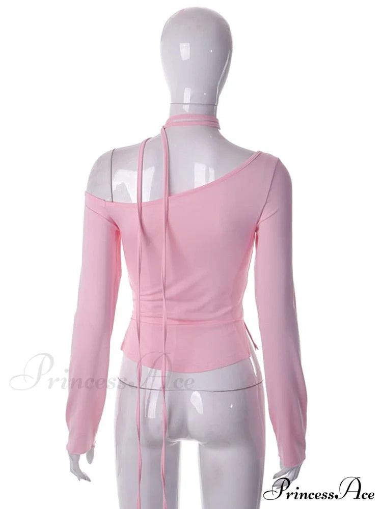 Pink Long Sleeve Charming Strap Tie Around Top