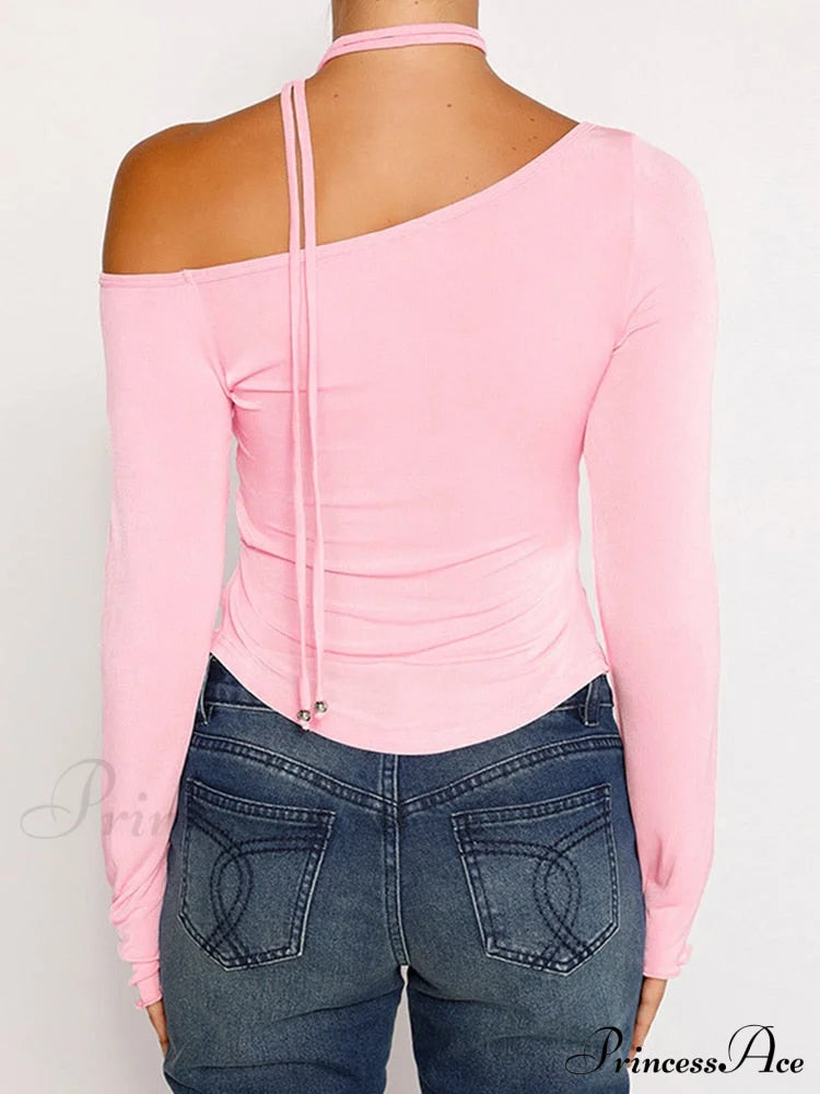 Pink Long Sleeve Charming Strap Tie Around Top