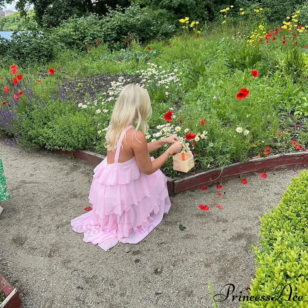 Pink Pleated Stylish Halter Maxi Dress Layered Ruffles Long