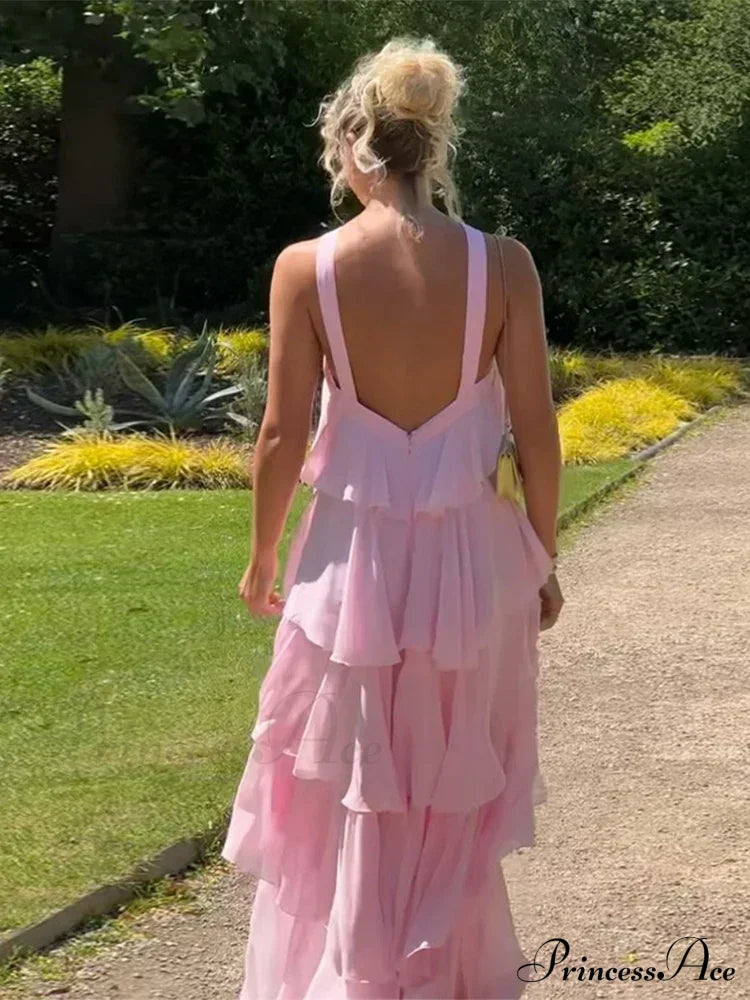 Pink Pleated Stylish Halter Maxi Dress Layered Ruffles Long