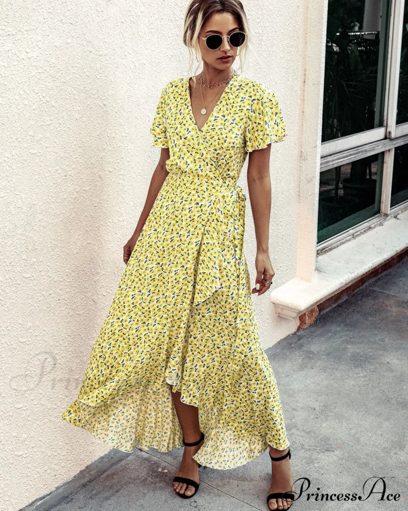 Pink Polka Dot V-Neck Ruffle Short-Sleeved Beach Vacation Summer Dress Dresses