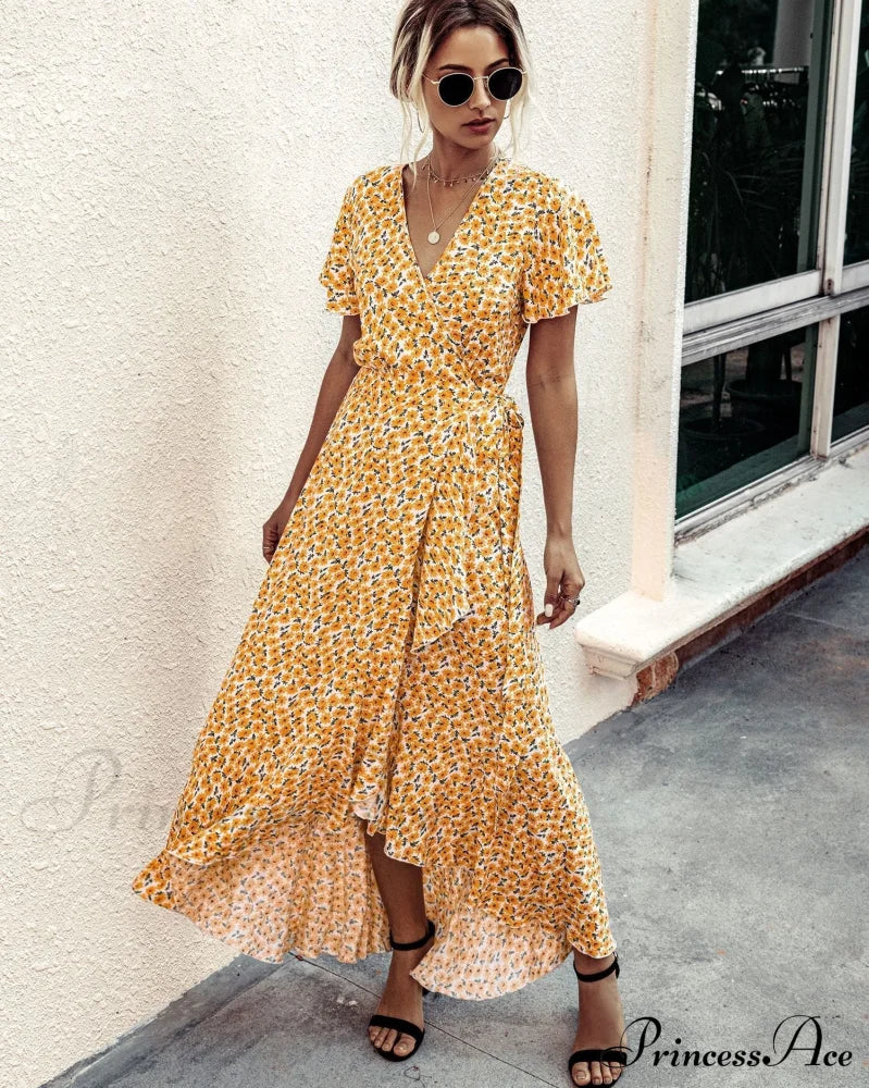 Pink Polka Dot V-Neck Ruffle Short-Sleeved Beach Vacation Summer Dress L / Yellow Dresses