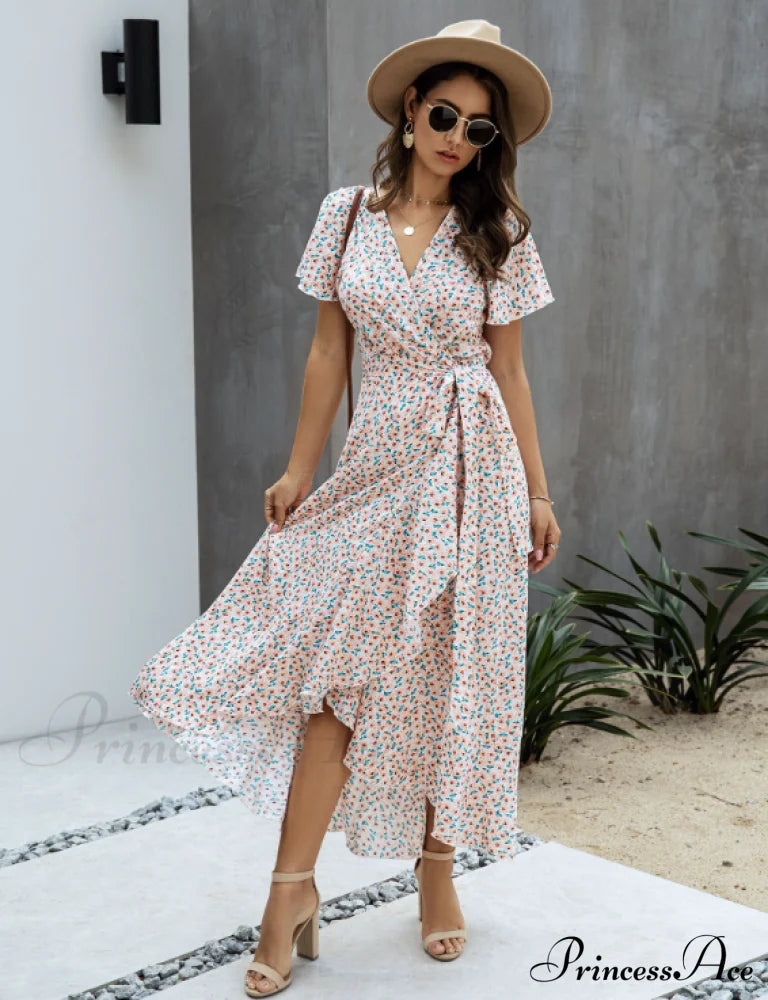 Pink Polka Dot V-Neck Ruffle Short-Sleeved Beach Vacation Summer Dress S / Orange Dresses