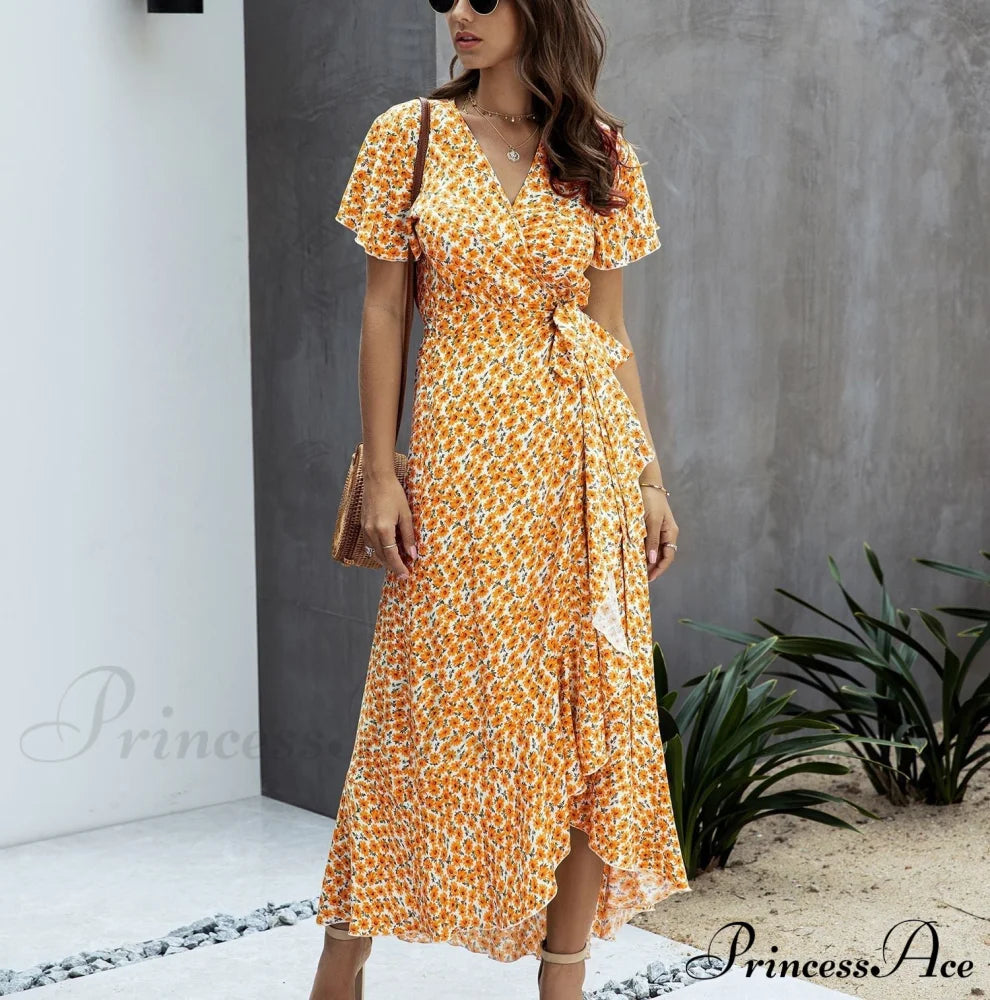 Pink Polka Dot V-Neck Ruffle Short-Sleeved Beach Vacation Summer Dress Xl / Yellow Dresses