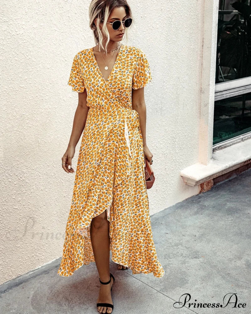 Pink Polka Dot V-Neck Ruffle Short-Sleeved Beach Vacation Summer Dress Xxl / Yellow Dresses