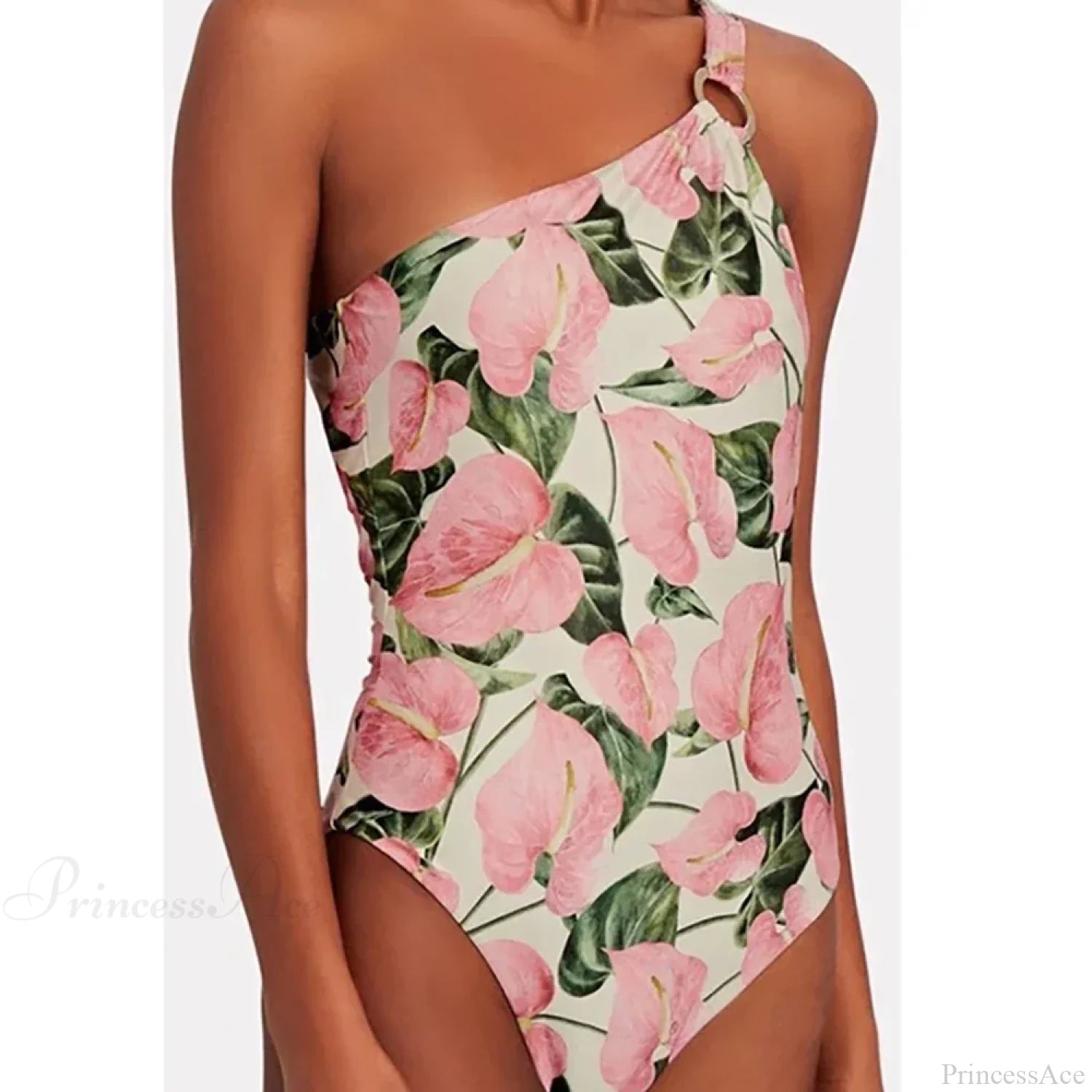 Pink Printed One Shoulder Tie One Piece Swimsuit onepiece-250223
