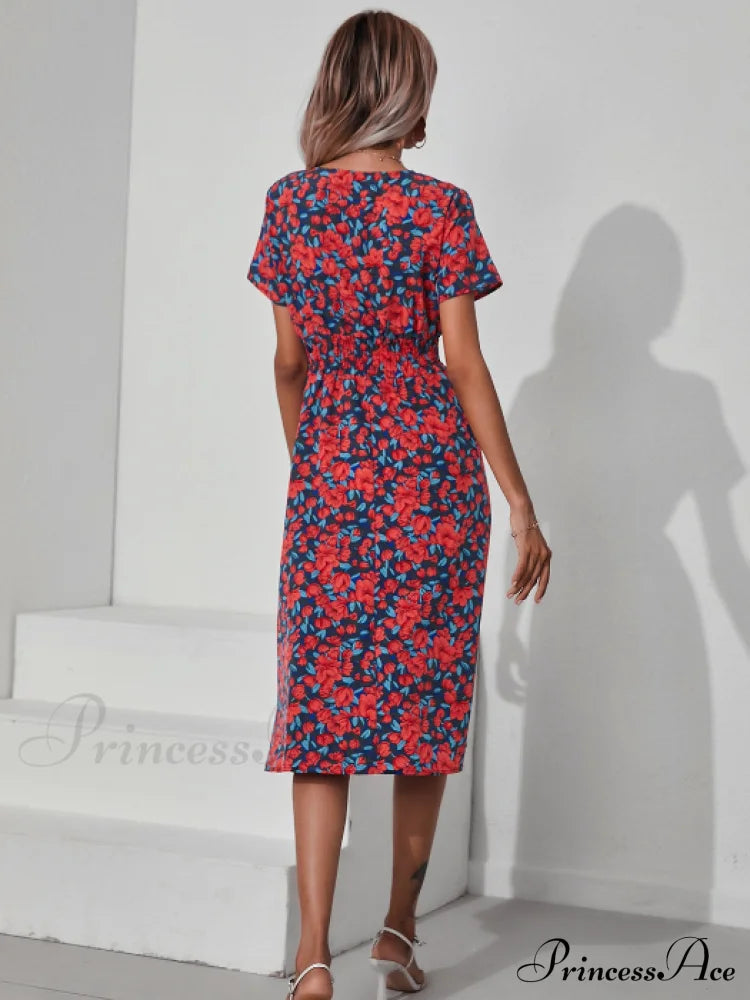 Pink Retro Casual V-Neck Short-Sleeved A-Line Beach Dress Xl / Pink Dresses