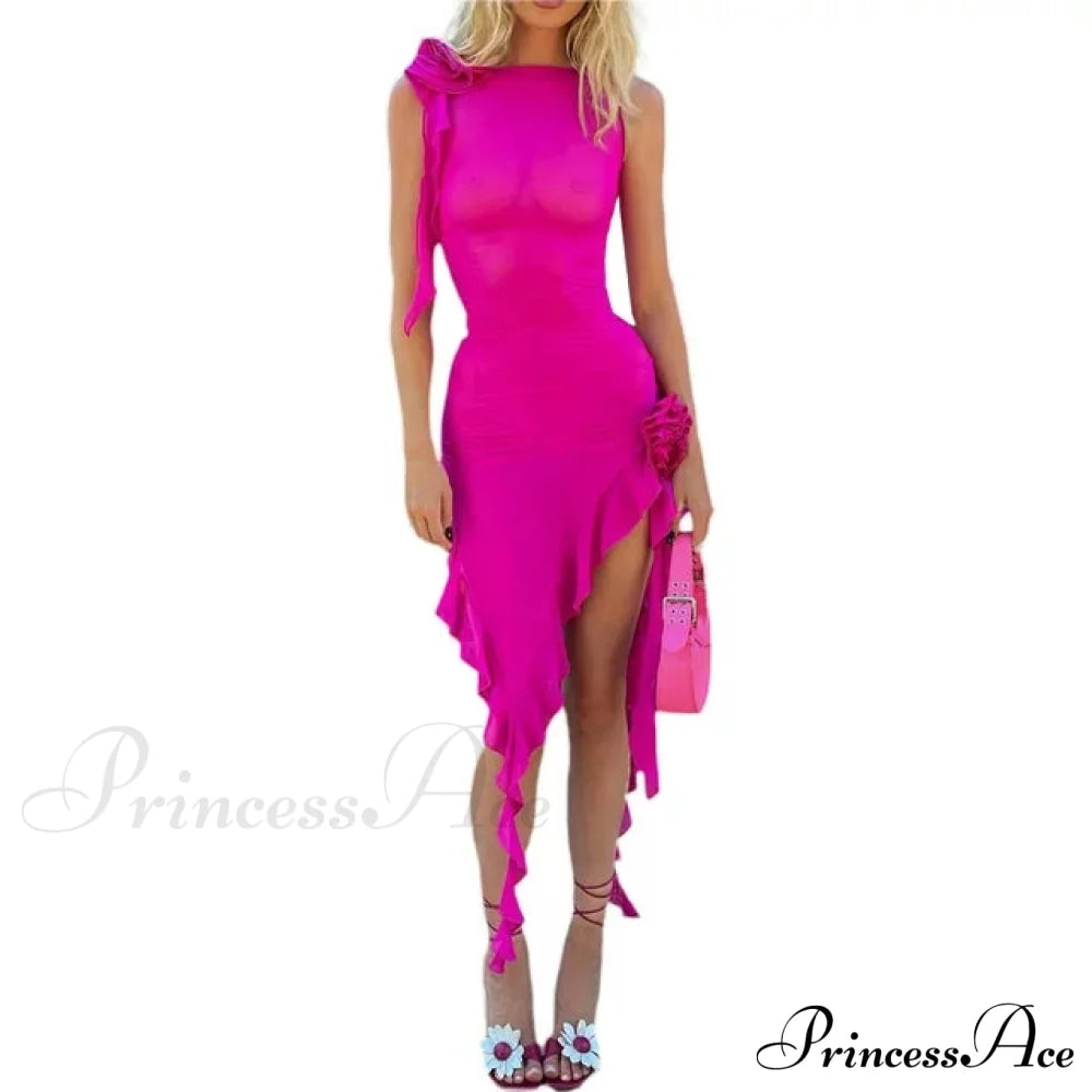 Pink Ruffle Trim Mesh Asymmetrical Midi Dress L / Black High Low Pink Maxi Dress