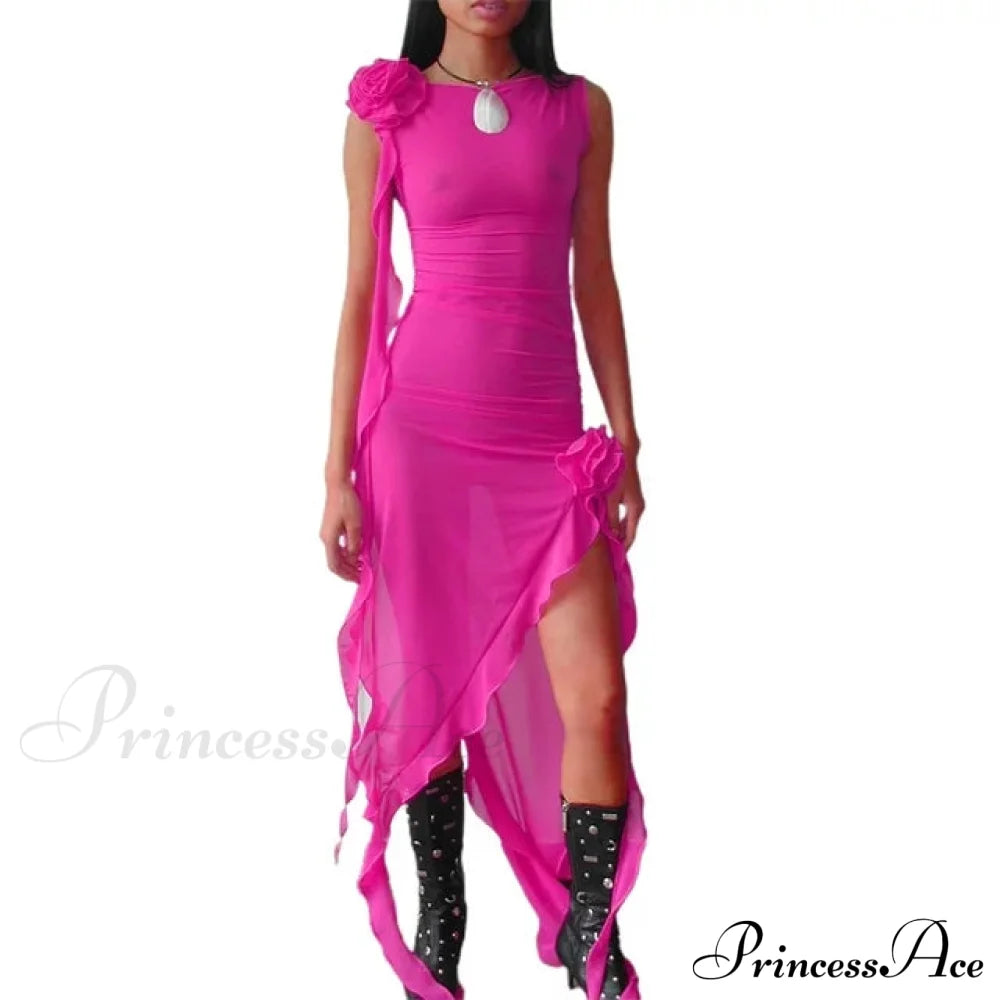 Pink Ruffle Trim Mesh Asymmetrical Midi Dress Xs / High Low Pink Maxi Dress