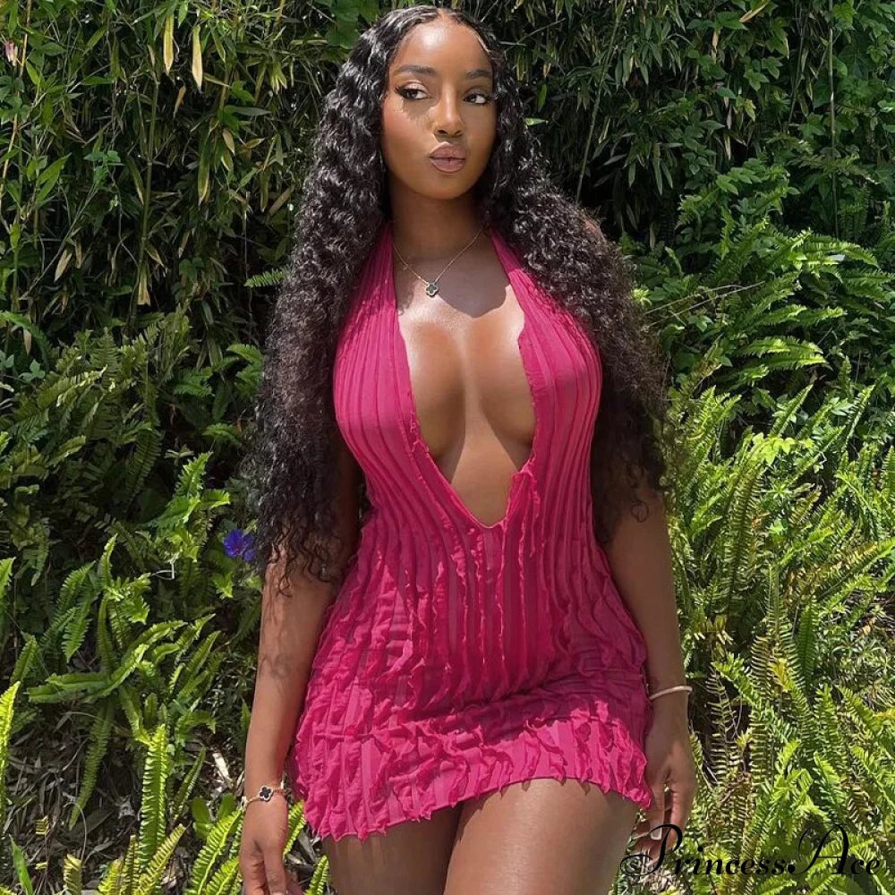 Pink Ruffles Deep Charming V-Neck Mini Dress