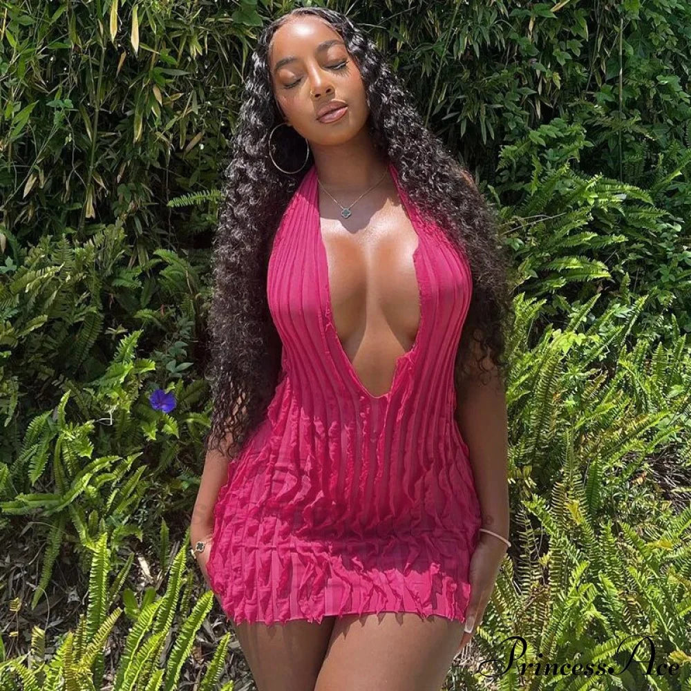 Pink Ruffles Deep Charming V-Neck Mini Dress