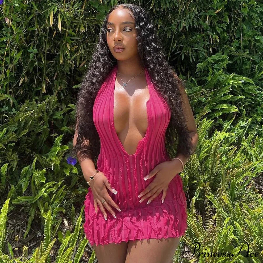 Pink Ruffles Deep Charming V-Neck Mini Dress