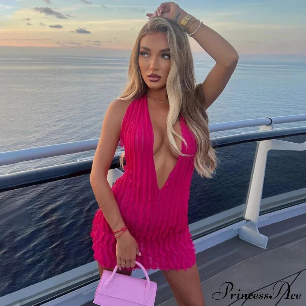 Pink Ruffles Deep Charming V-Neck Mini Dress