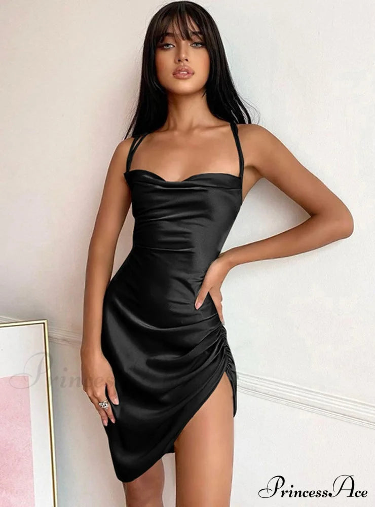 Pink Satin Bodycon Sling Slit Dress For Women S / Brown Dresses