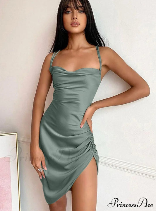 Pink Satin Bodycon Sling Slit Dress For Women S / Dresses