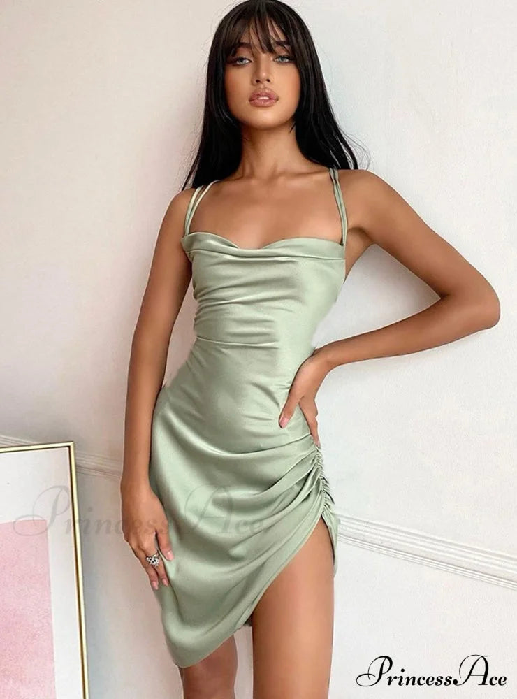 Pink Satin Bodycon Sling Slit Dress For Women S / Green Dresses
