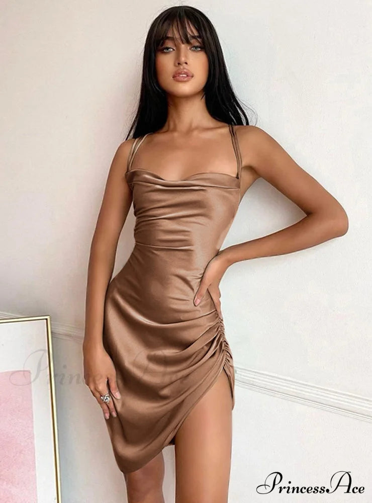 Pink Satin Bodycon Sling Slit Dress For Women S / Sky Blue Dresses