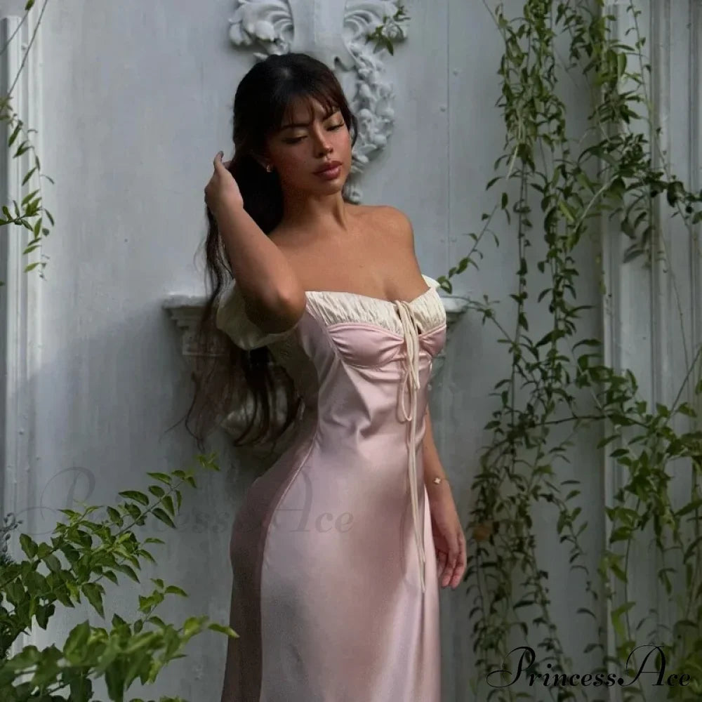 Pink Satin Ruched Charming Contrast Sleeve Dress