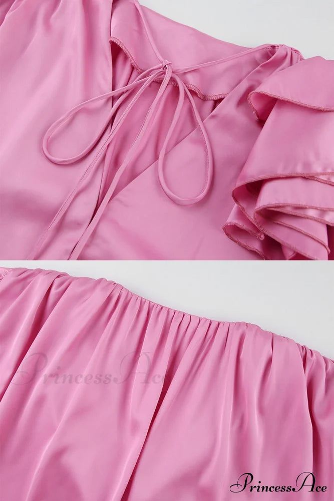 Pink V Neck Floral Lace-Up Blouse With Ruched Detail Blouses