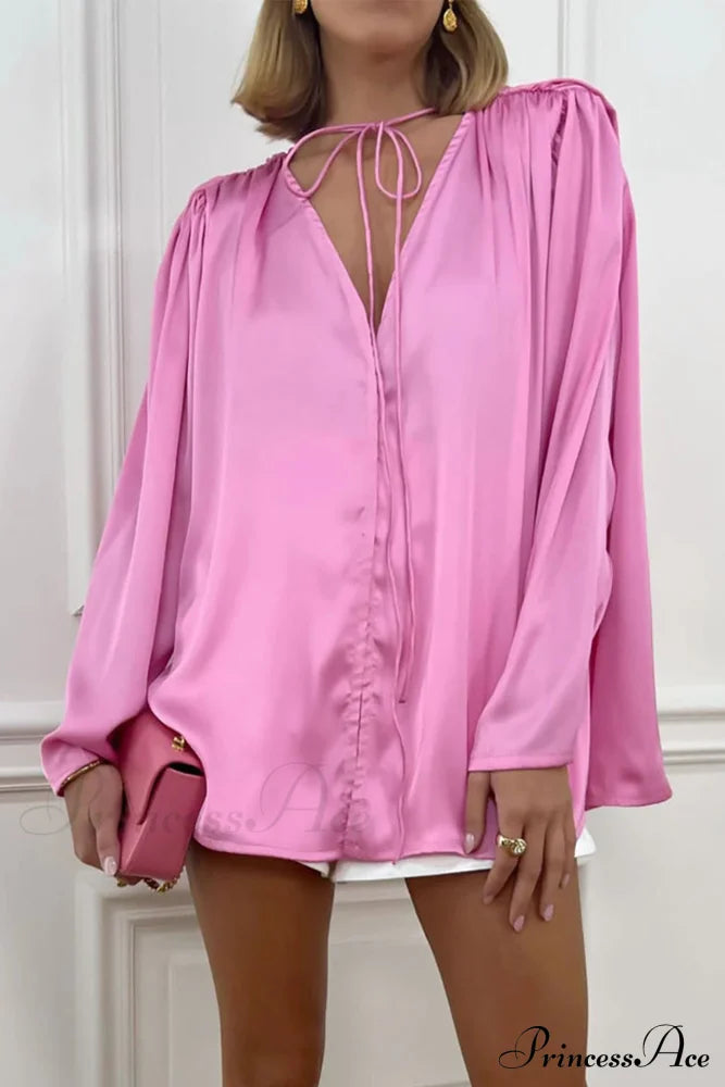 Pink V Neck Floral Lace-Up Blouse With Ruched Detail Blouses