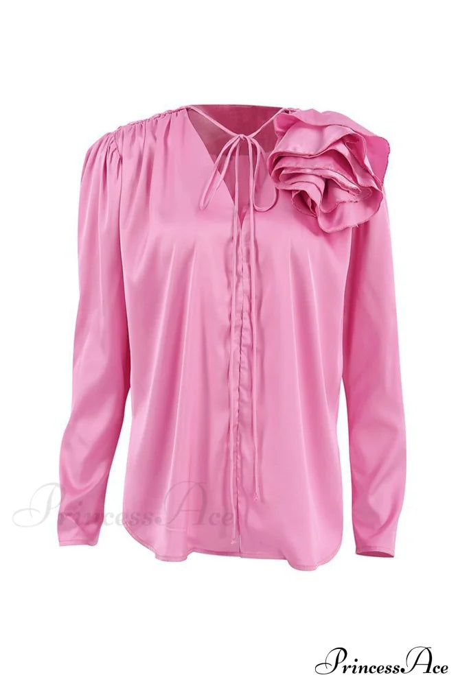 Pink V Neck Floral Lace-Up Blouse With Ruched Detail Blouses