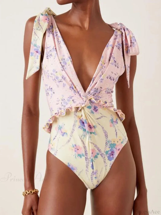Pink Yellow Floral Lace One-Piece Swimsuit PURPLE / S onepiece-250223