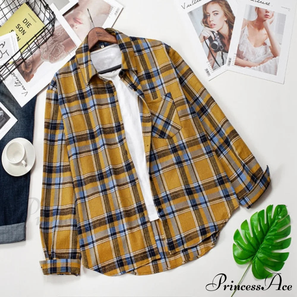 Plaid Blouse - Cotton One Long Oversized And Casual With Women’s Sleeves Fit Pocket L / 14