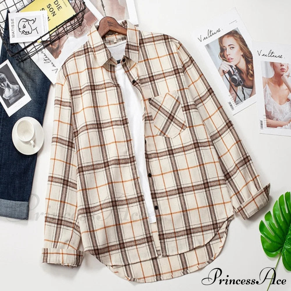 Plaid Blouse - Cotton One Long Oversized And Casual With Women’s Sleeves Fit Pocket L / 7