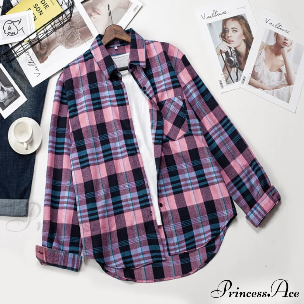 Plaid Blouse - Cotton One Long Oversized And Casual With Women’s Sleeves Fit Pocket S / 16