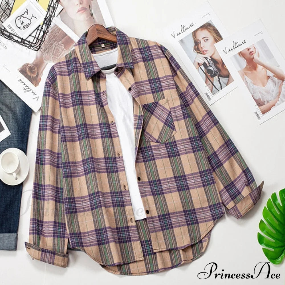 Plaid Blouse - Cotton One Long Oversized And Casual With Women’s Sleeves Fit Pocket S / 4