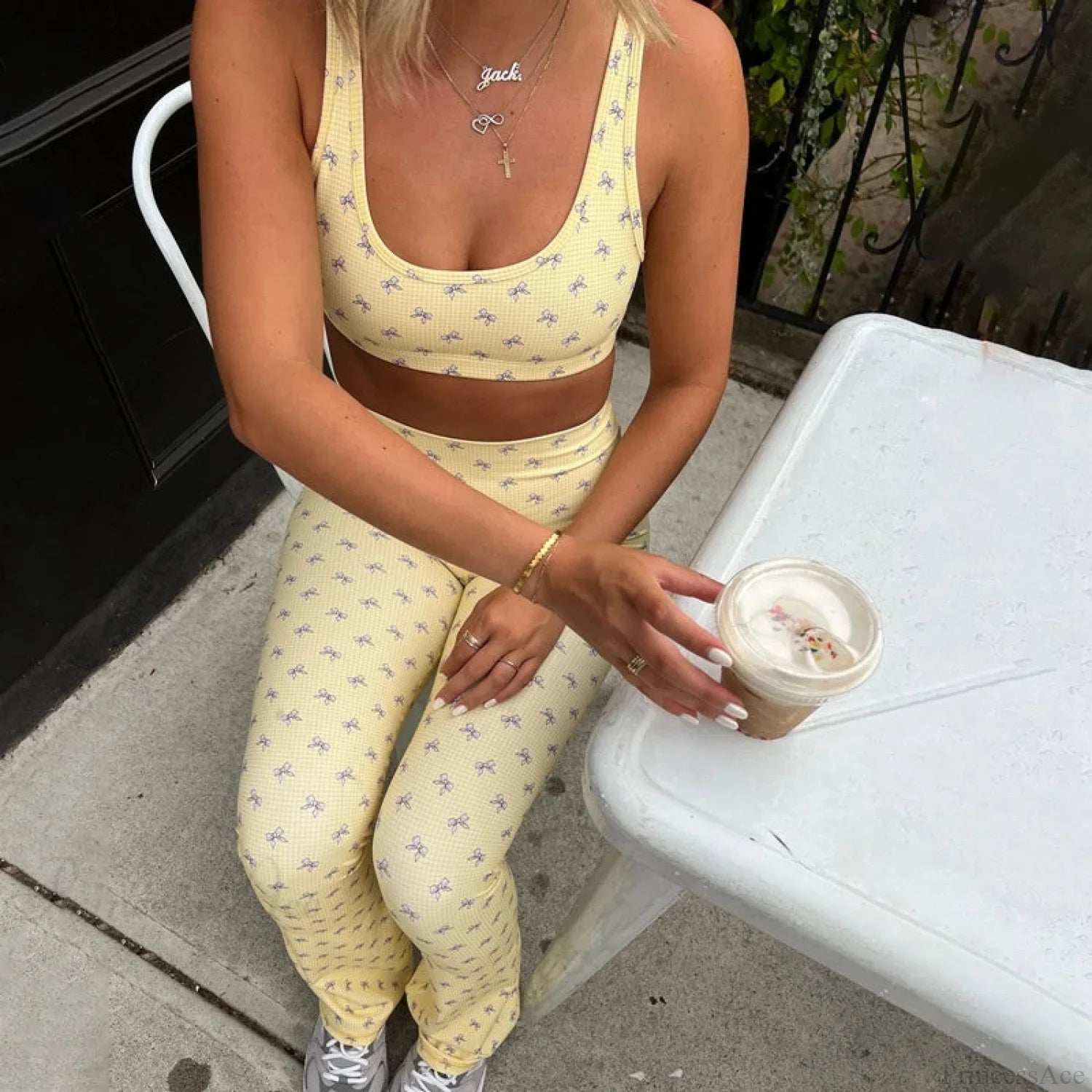 Plaid Bow Print Crop Tank High Waist Slim Leggings Two Pieces Set yellow / S twopiecesset-250126