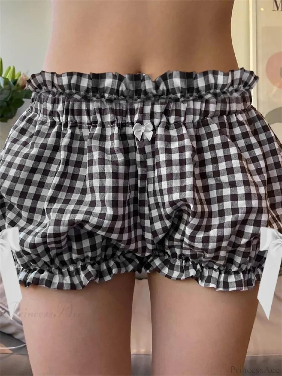 Plaid Bowknot Loose Bloomer Short black / S short-250223