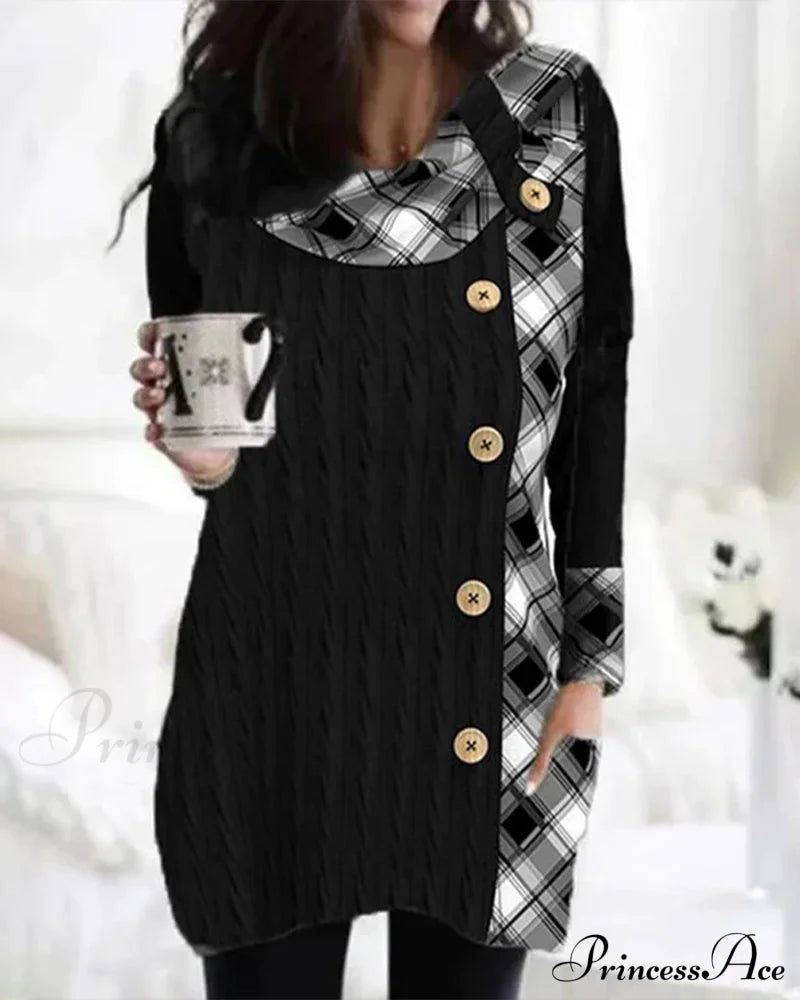 Patchwork plaid button dress Black 2023 f/w 23BF casual dresses Clothes Dresses