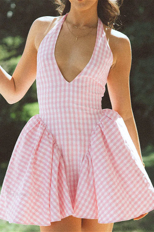 Plaid Color Block Halter Deep V Ruched Mini Dress Pink / S