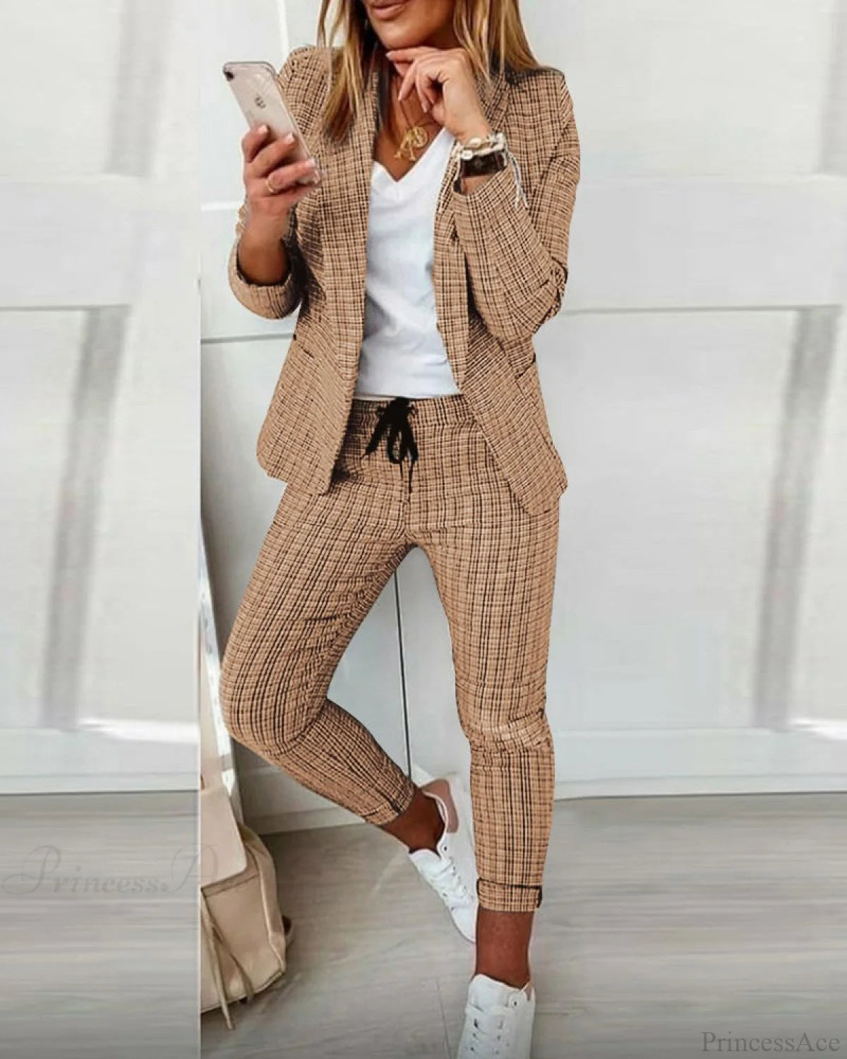 Plaid Comfortable Casual Women's Suit khaki 23BF clothes Fall Jackets & Coats Pants Spring Tops/Blouses Winter