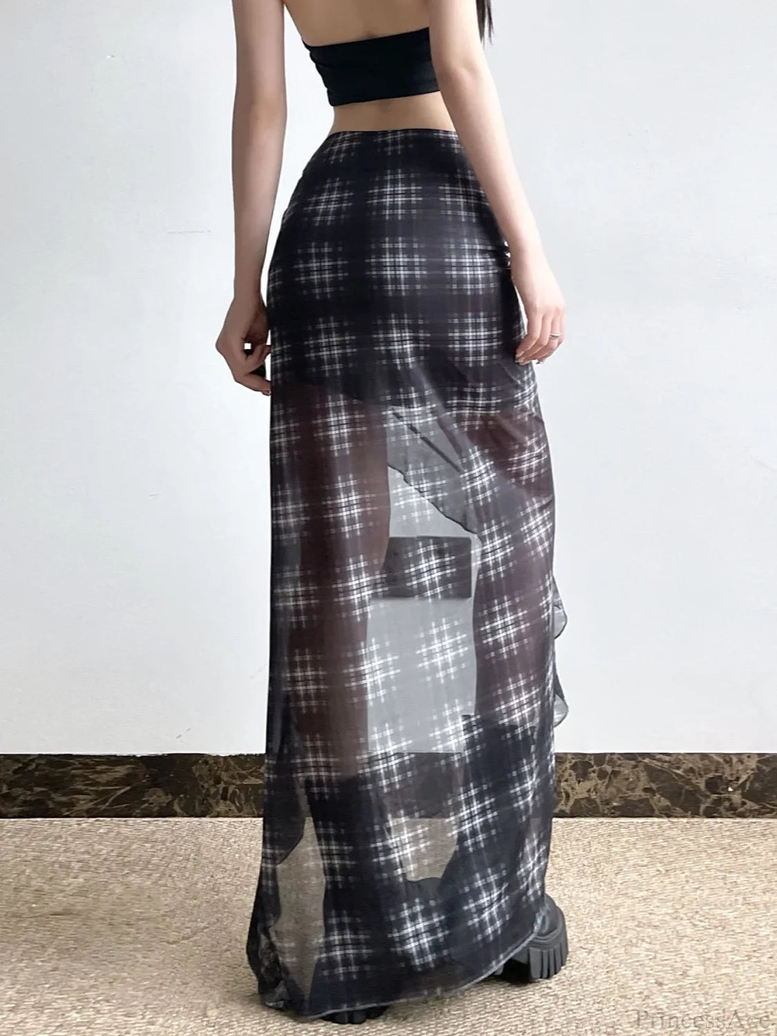 Plaid Drawstring See Through Skirt
