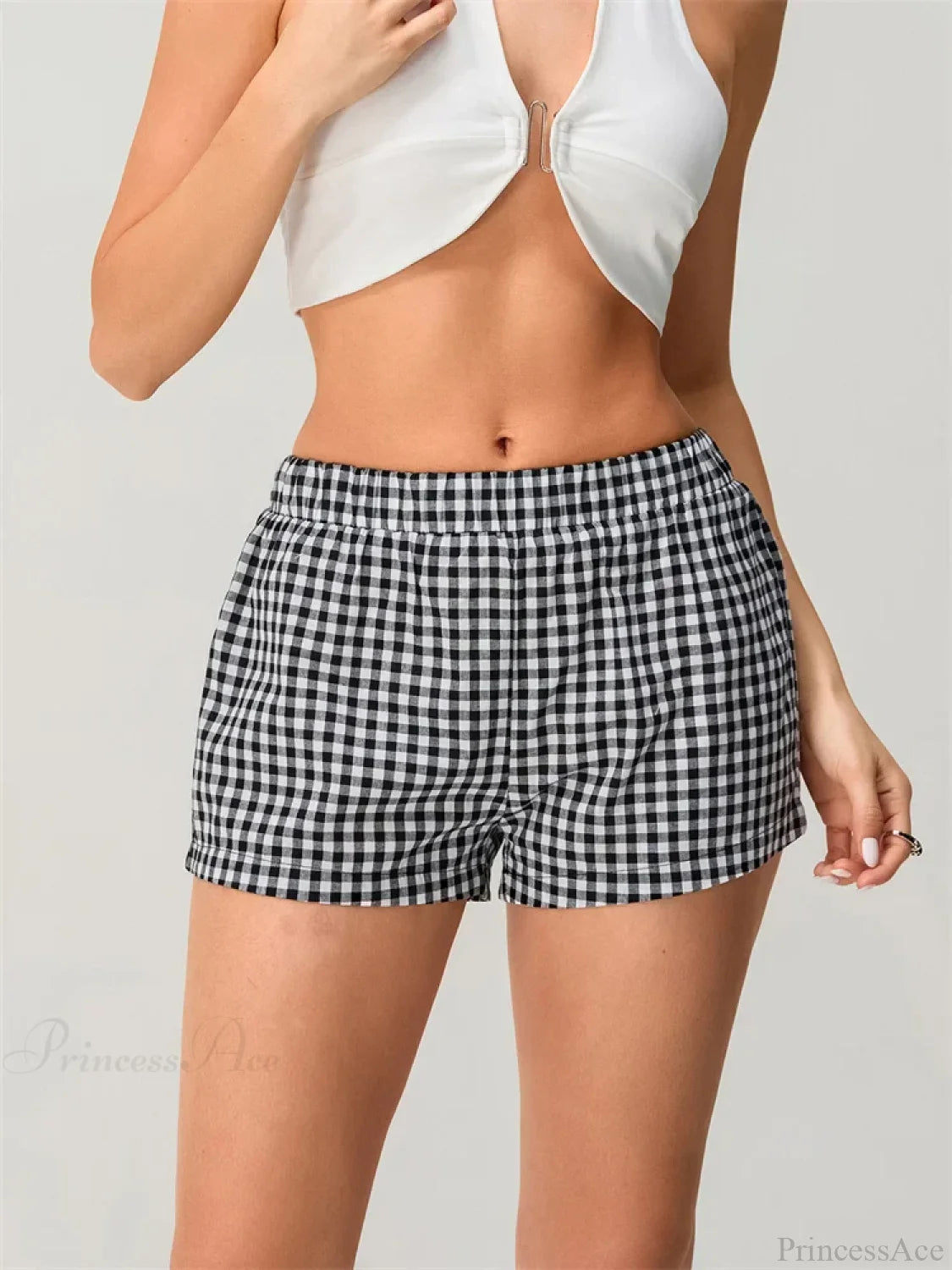 Plaid Elastic Waist Loose Short short-250223