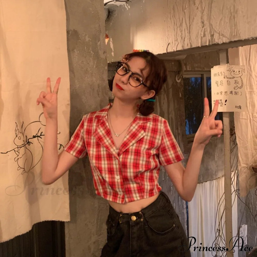 Plaid Elegant Warm-Season Blouse - Top Streetwear Women’s Crop Up Vintage Korean Button Red