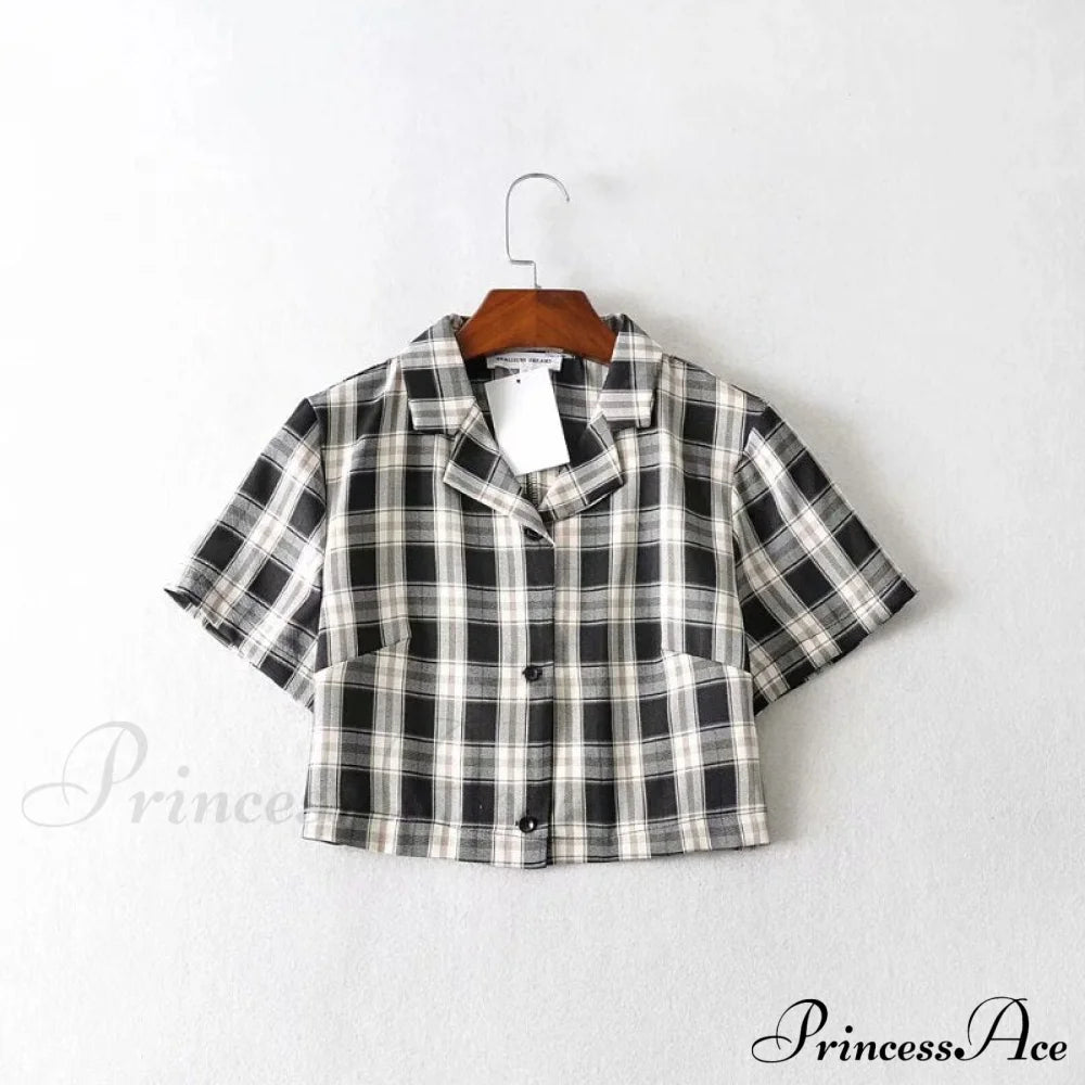 Plaid Elegant Warm-Season Blouse - Top Streetwear Women’s Crop Up Vintage Korean Button Red