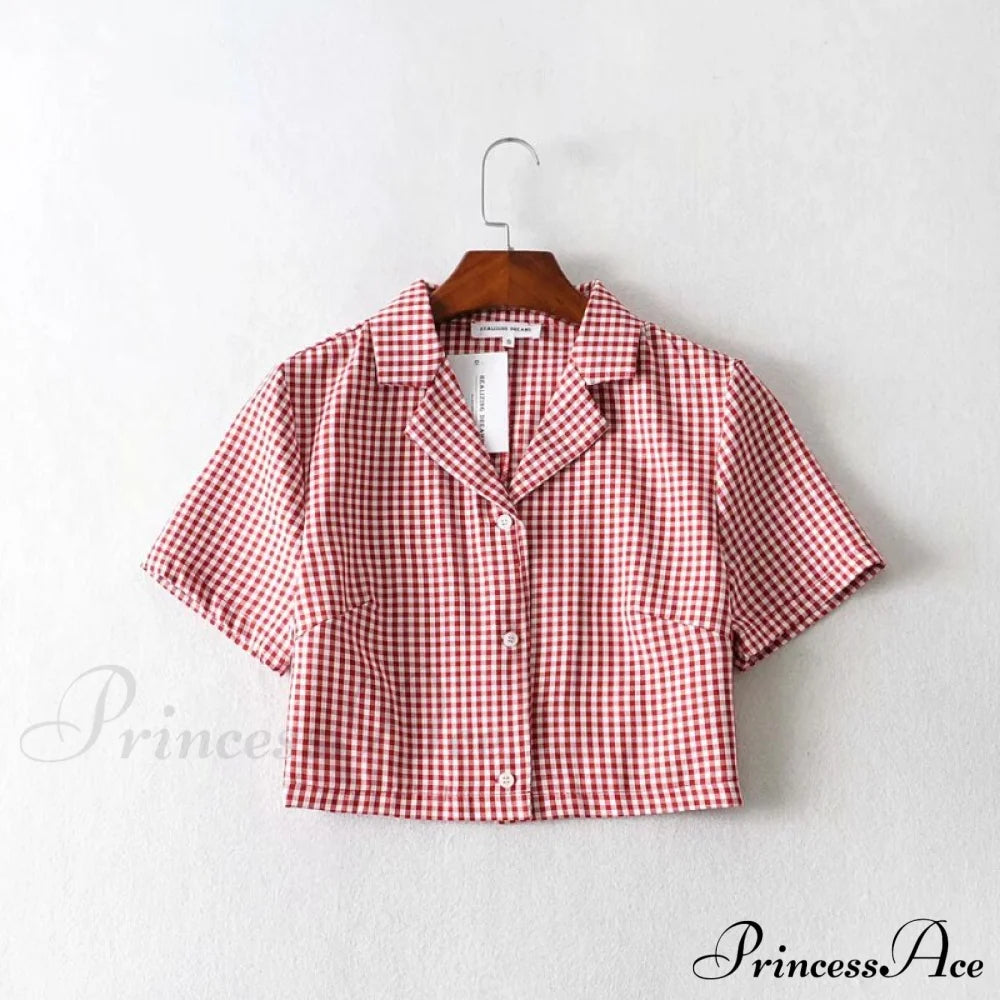 Plaid Elegant Warm-Season Blouse - Top Streetwear Women’s Crop Up Vintage Korean Button Red