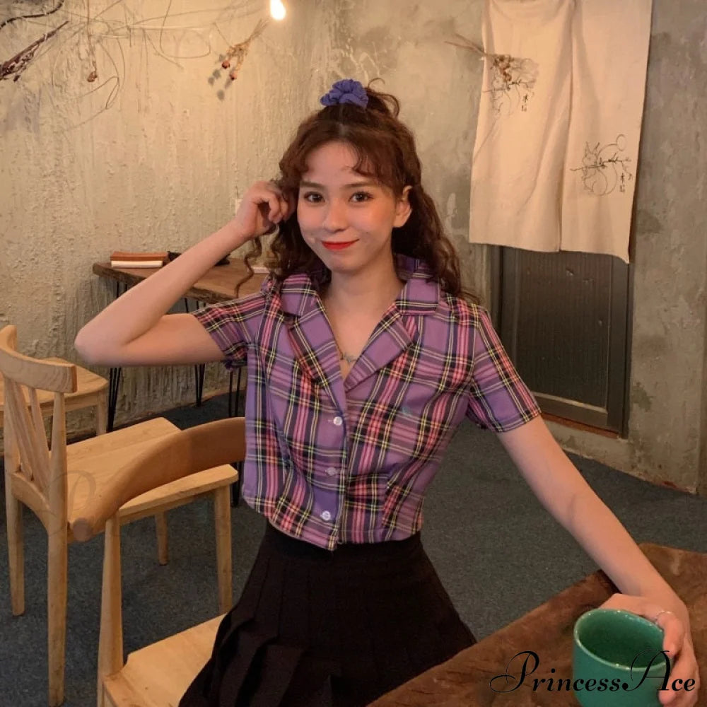 Plaid Elegant Warm-Season Blouse - Top Streetwear Women’s Crop Up Vintage Korean Button Red