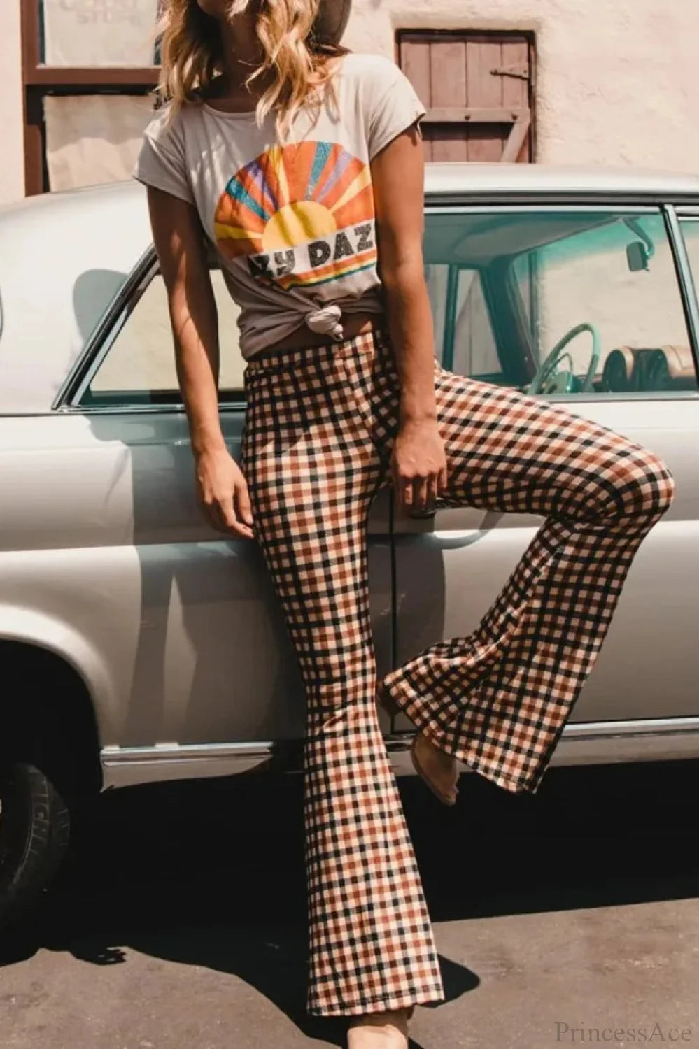 Plaid Flare Fashion Pants Brown / S pant-250223